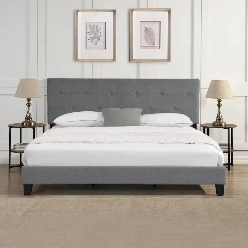 Queen Size Upholstered Platform Bed with Tufted Headboard