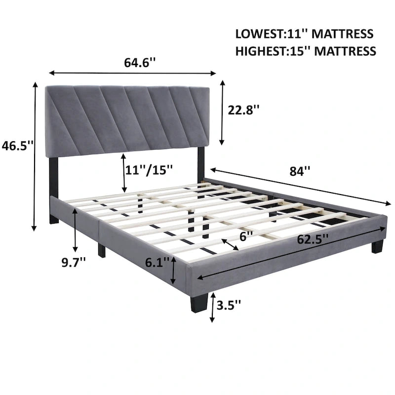 Gray Modern Style Queen Size Adjustable Upholstered Platform Bed for Bedroom