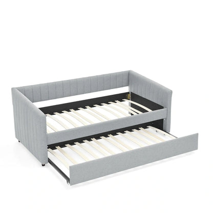 Twin Size Linen Daybed with Trundle & Vertical Stripes - 500LB Capacity