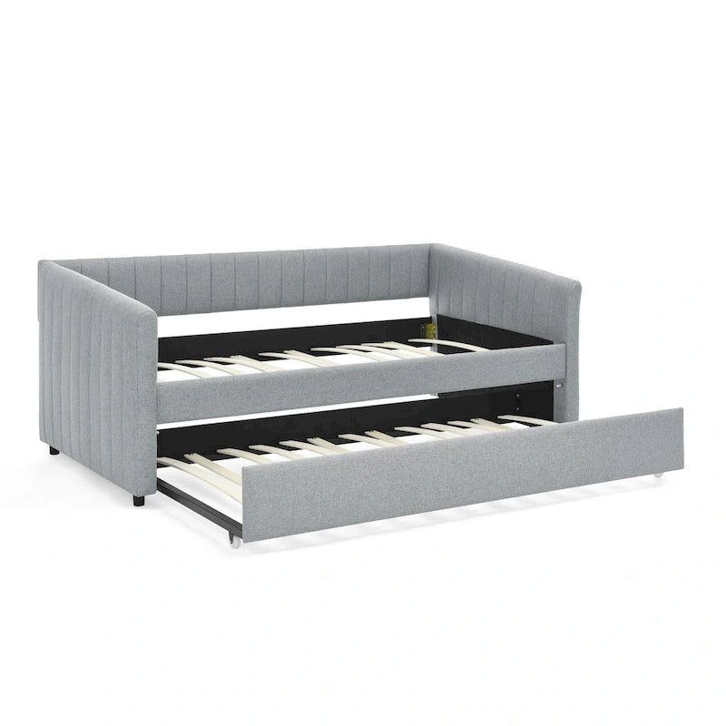 Twin Size Linen Daybed with Trundle & Vertical Stripes - 500LB Capacity