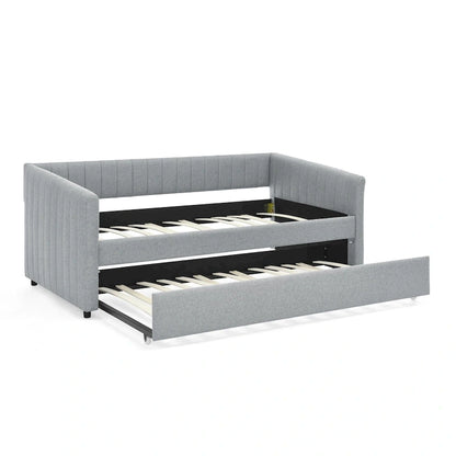 Twin Size Linen Daybed with Trundle & Vertical Stripes - 500LB Capacity