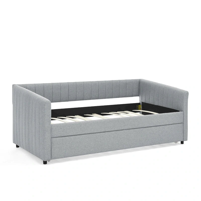 Twin Size Linen Daybed with Trundle & Vertical Stripes - 500LB Capacity