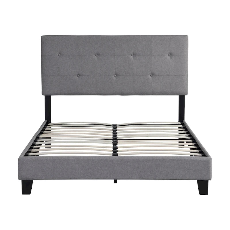 Grey Linen Upholstered Full Size Platform Bed with Pull Point Tufted Headboard, Strong Wood Slat Support, No Box Spring Needed