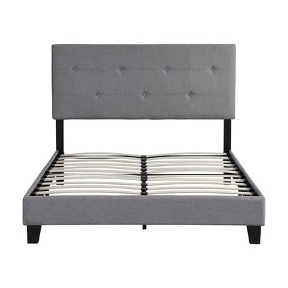 Grey Linen Upholstered Full Size Platform Bed with Pull Point Tufted Headboard, Strong Wood Slat Support, No Box Spring Needed