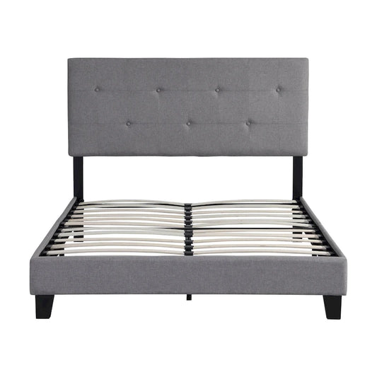 Grey Linen Upholstered Full Size Platform Bed with Pull Point Tufted Headboard, Strong Wood Slat Support, No Box Spring Needed