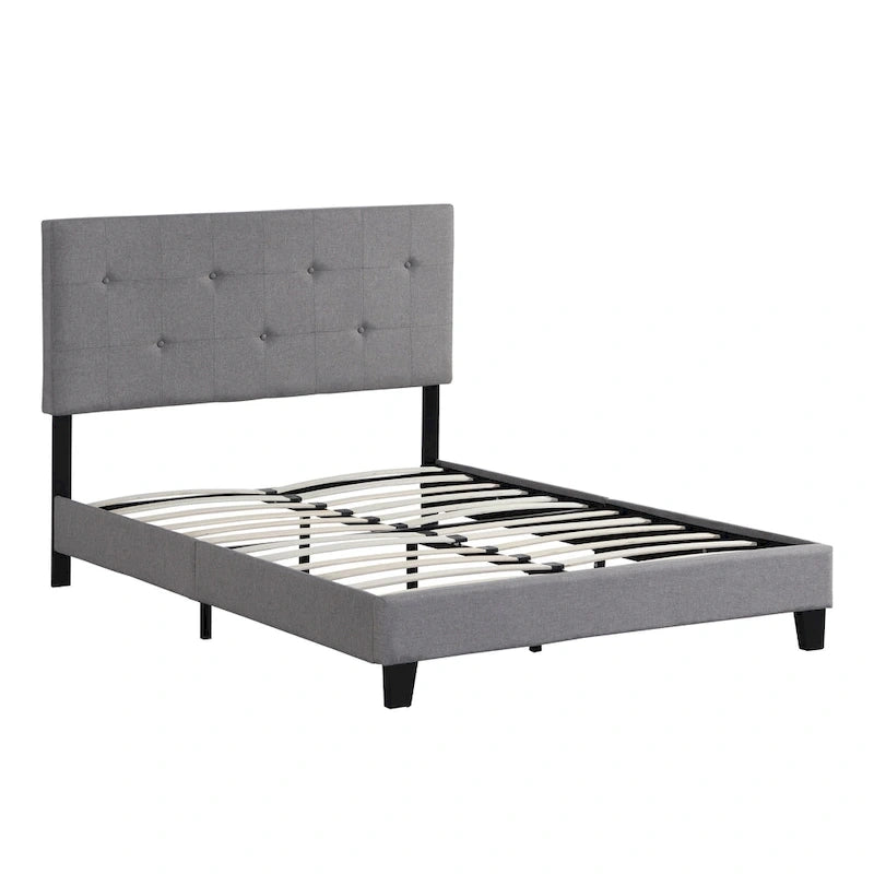 Grey Linen Upholstered Full Size Platform Bed with Pull Point Tufted Headboard, Strong Wood Slat Support, No Box Spring Needed