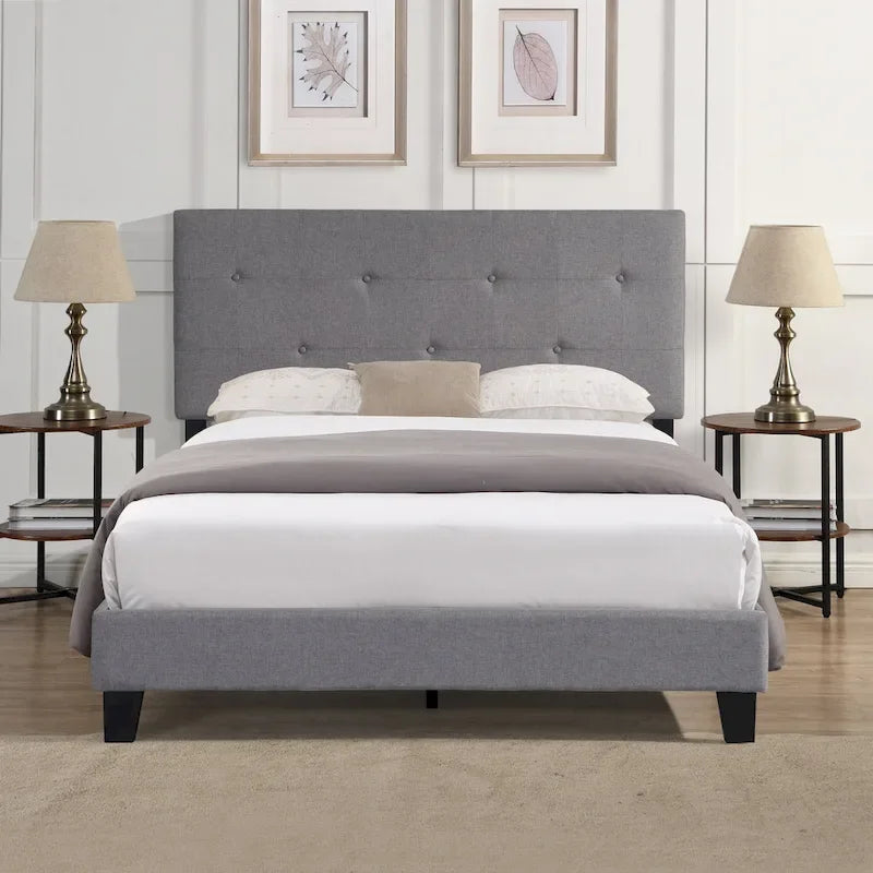 Grey Linen Upholstered Full Size Platform Bed with Pull Point Tufted Headboard, Strong Wood Slat Support, No Box Spring Needed
