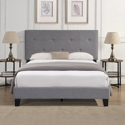 Grey Linen Upholstered Full Size Platform Bed with Pull Point Tufted Headboard, Strong Wood Slat Support, No Box Spring Needed