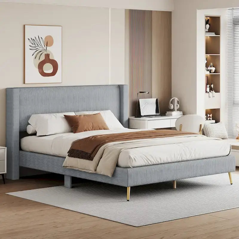 Queen Corduroy Platform Bed with Tufted Headboard