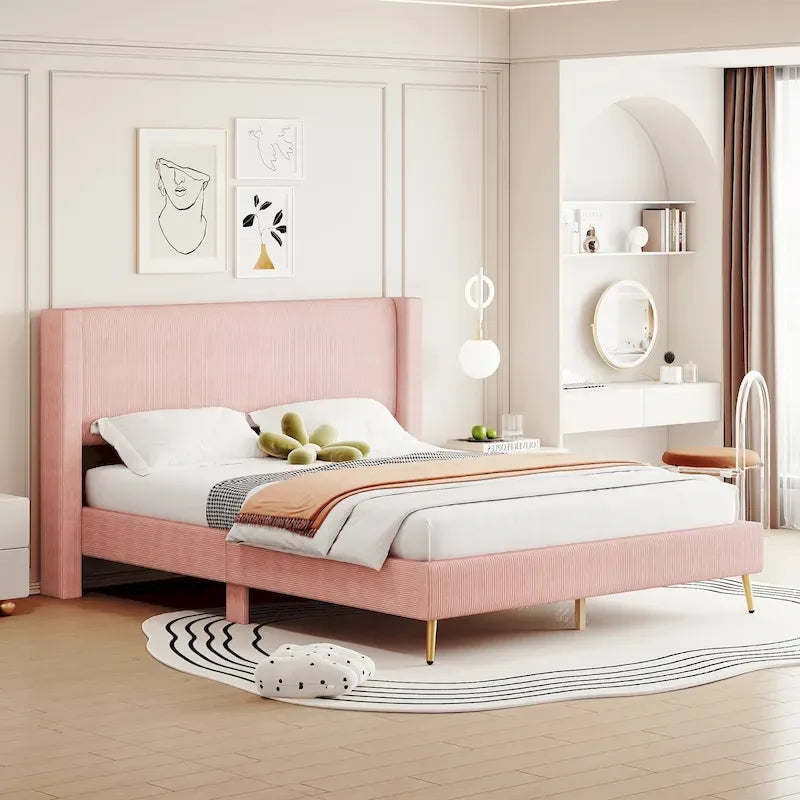 Queen Corduroy Platform Bed with Tufted Headboard