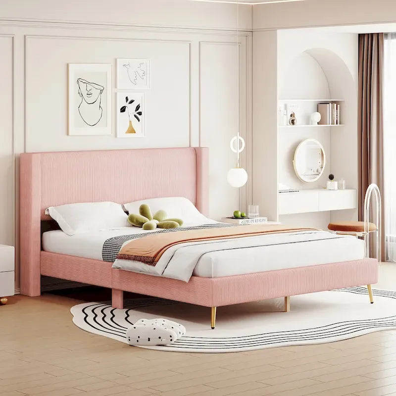 Queen Corduroy Platform Bed with Tufted Headboard