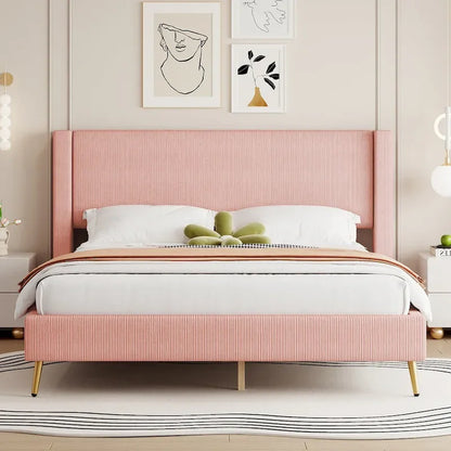 Queen Corduroy Platform Bed with Tufted Headboard