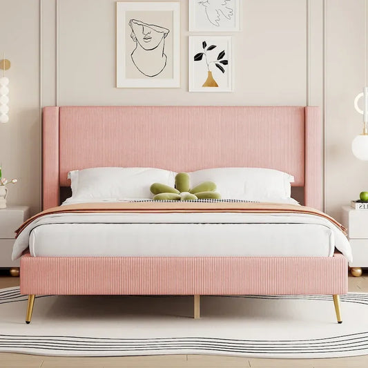 Queen Corduroy Platform Bed with Tufted Headboard