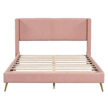 Queen Corduroy Platform Bed with Tufted Headboard