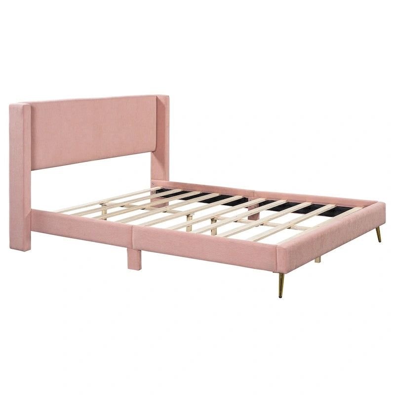 Queen Corduroy Platform Bed with Tufted Headboard