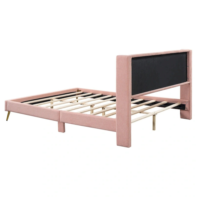 Queen Corduroy Platform Bed with Tufted Headboard