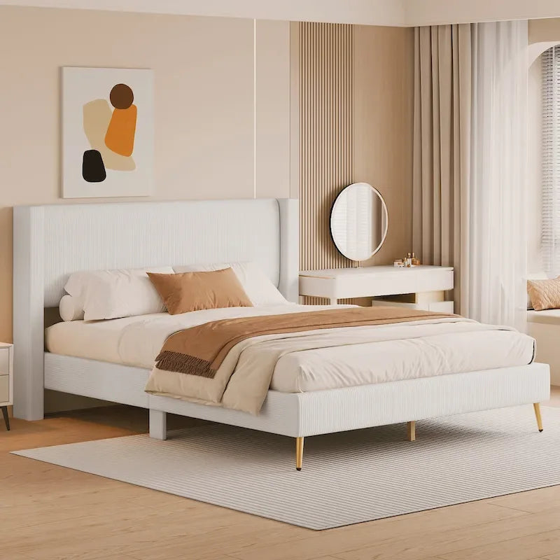 Queen Corduroy Platform Bed with Tufted Headboard