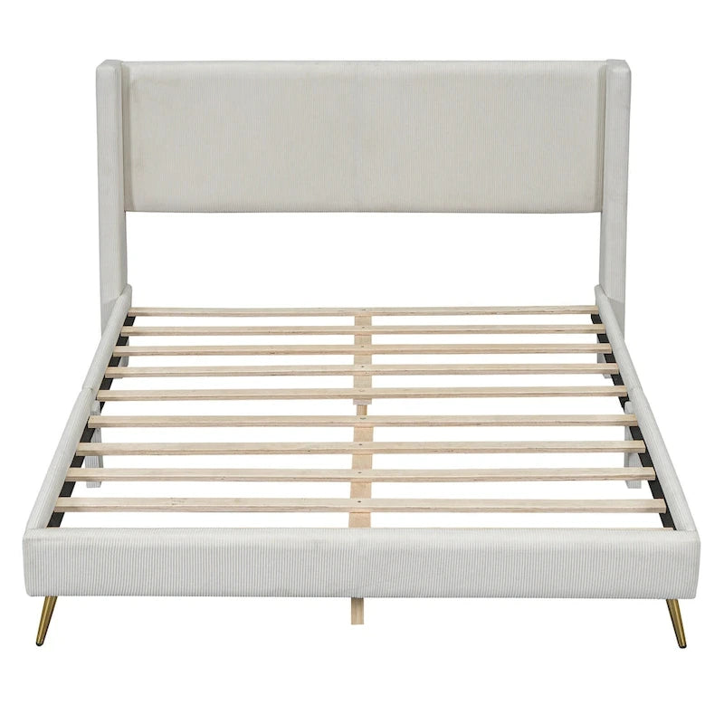 Queen Corduroy Platform Bed with Tufted Headboard