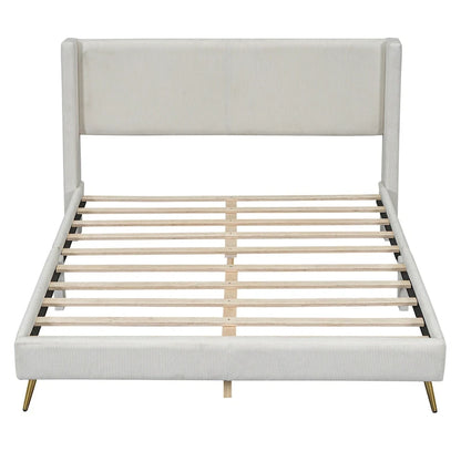 Queen Corduroy Platform Bed with Tufted Headboard
