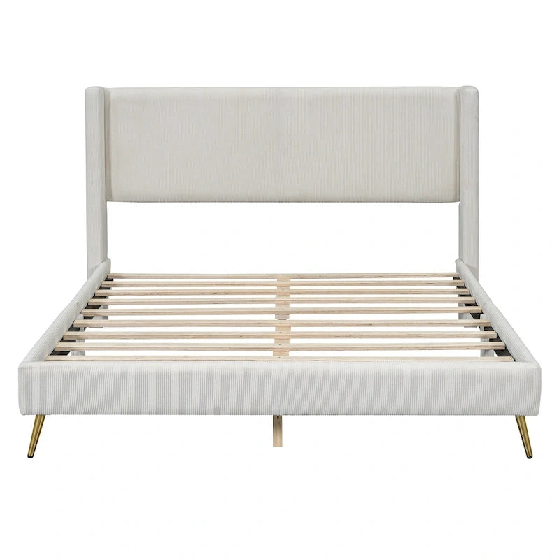 Queen Corduroy Platform Bed with Tufted Headboard