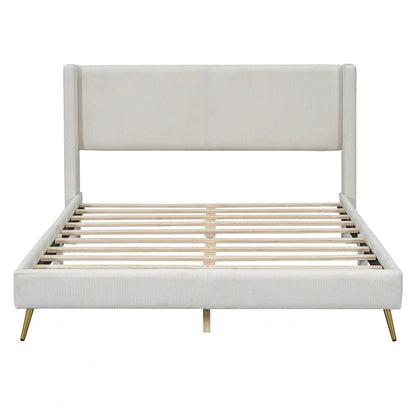 Queen Corduroy Platform Bed with Tufted Headboard