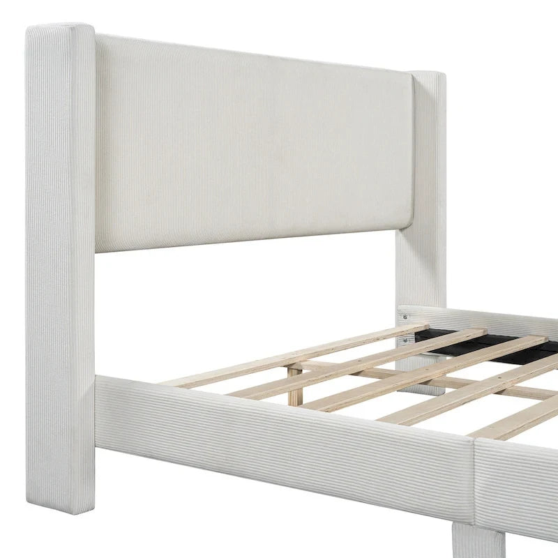 Queen Corduroy Platform Bed with Tufted Headboard