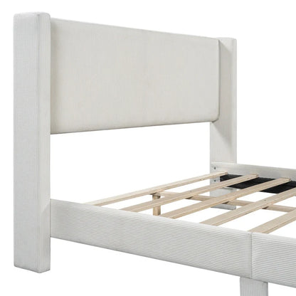 Queen Corduroy Platform Bed with Tufted Headboard