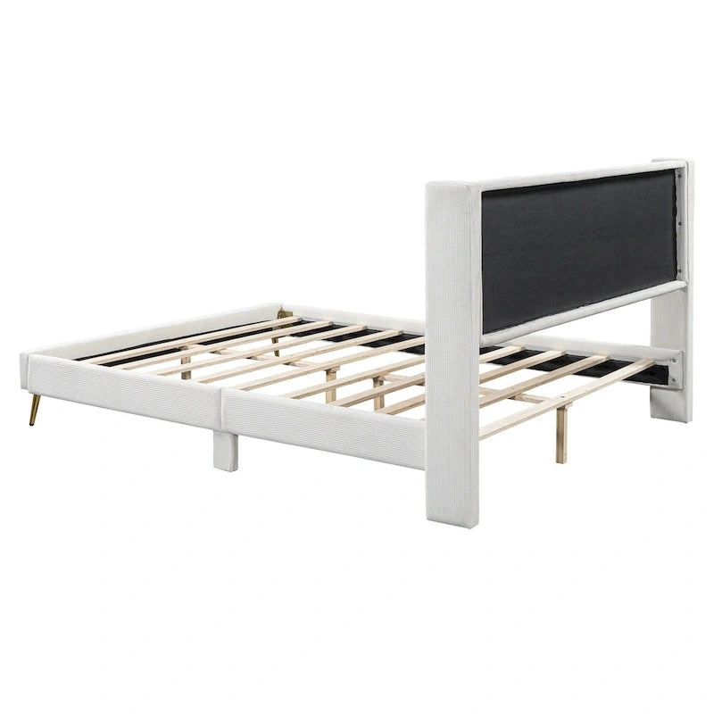 Queen Corduroy Platform Bed with Tufted Headboard