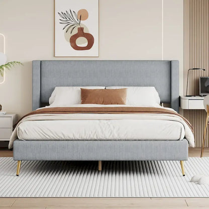 Queen Corduroy Platform Bed with Tufted Headboard