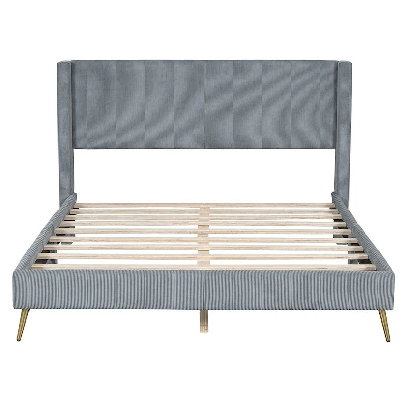 Queen Corduroy Platform Bed with Tufted Headboard