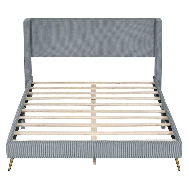 Queen Corduroy Platform Bed with Tufted Headboard