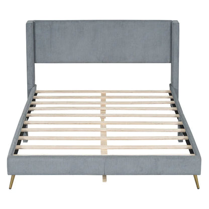 Queen Corduroy Platform Bed with Tufted Headboard