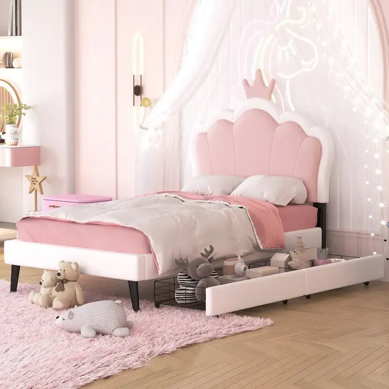 Upholstered Princess Bed with Crown Headboard & Drawers