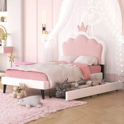 Upholstered Princess Bed with Crown Headboard & Drawers