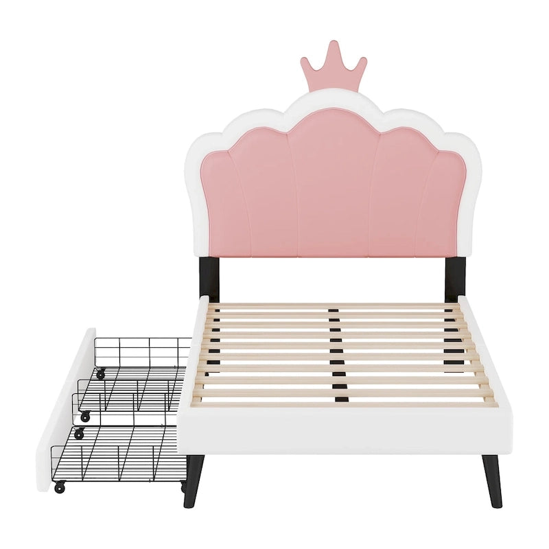 Upholstered Princess Bed with Crown Headboard & Drawers
