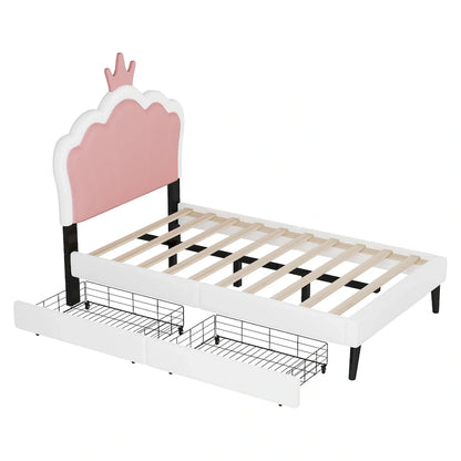 Upholstered Princess Bed with Crown Headboard & Drawers