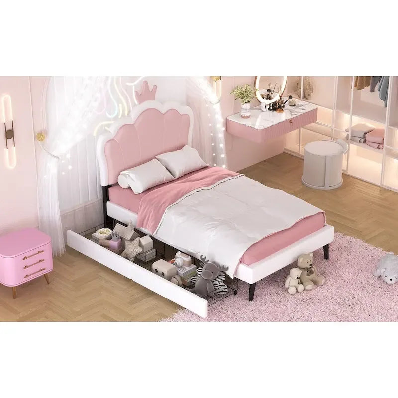Upholstered Princess Bed with Crown Headboard & Drawers