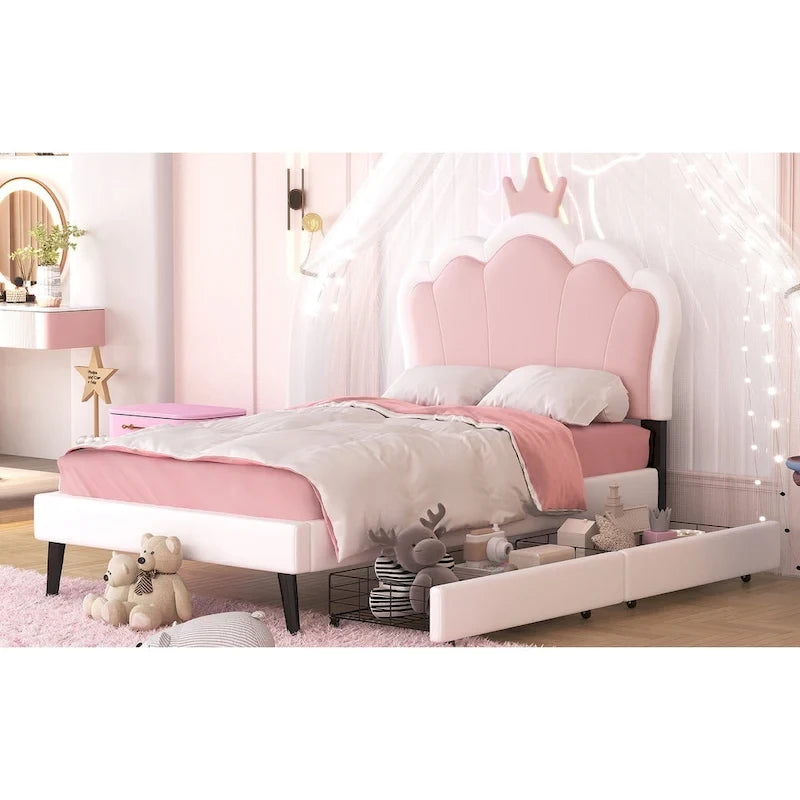 Upholstered Princess Bed with Crown Headboard & Drawers