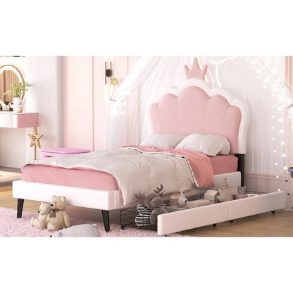Upholstered Princess Bed with Crown Headboard & Drawers