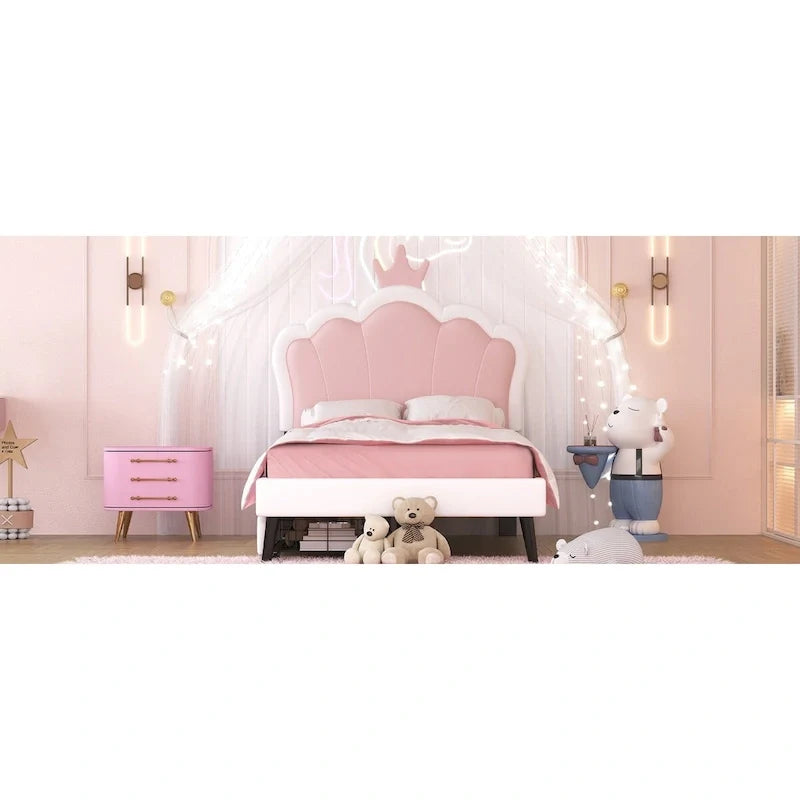 Upholstered Princess Bed with Crown Headboard & Drawers