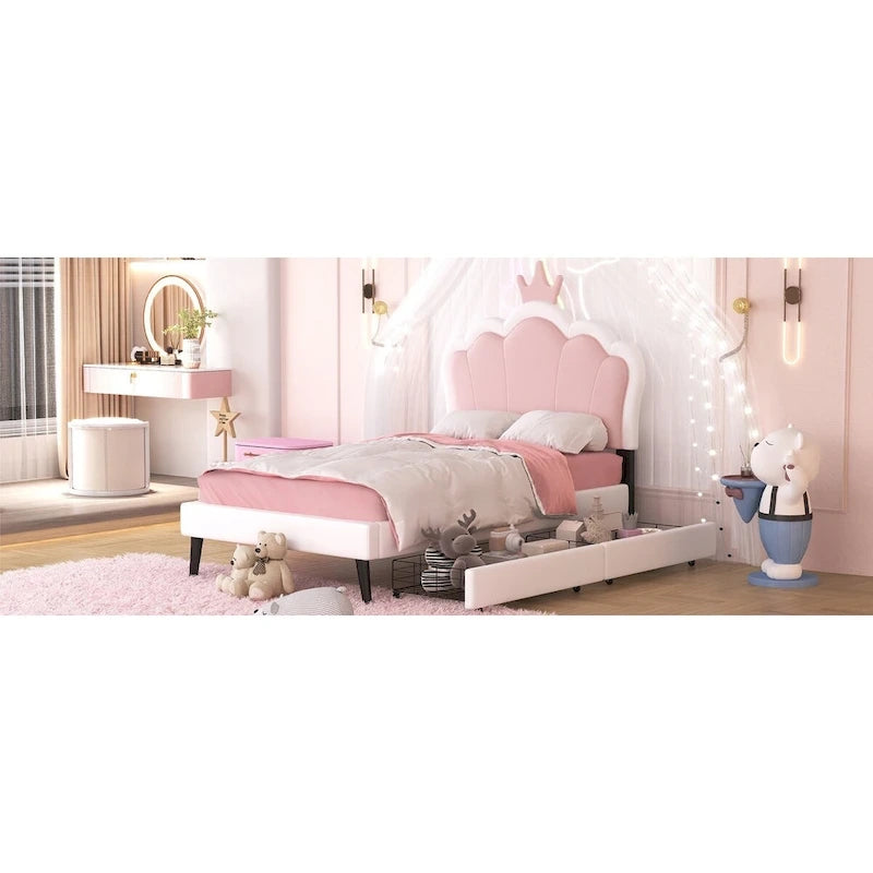 Upholstered Princess Bed with Crown Headboard & Drawers