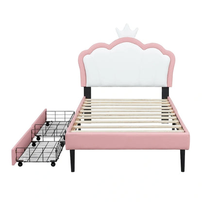 Upholstered Princess Bed with Crown Headboard & Drawers