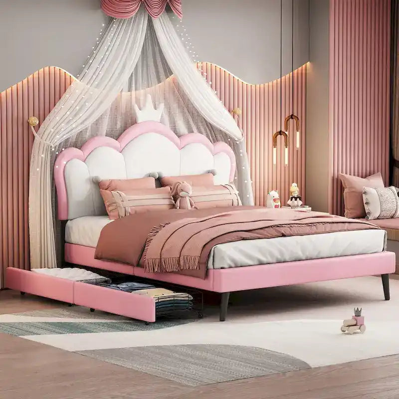 Upholstered Princess Bed with Crown Headboard & Drawers
