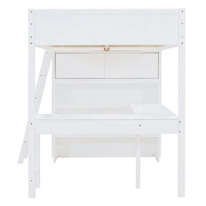 White Full Size Solid Wood Loft Bed with Desk and Shelf for Kids