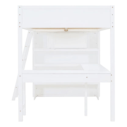 White Full Size Solid Wood Loft Bed with Desk and Shelf for Kids