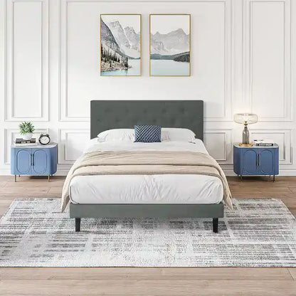Dark Gray Twin Size Upholstered Bed Frame with Button Tufted Linen Headboard