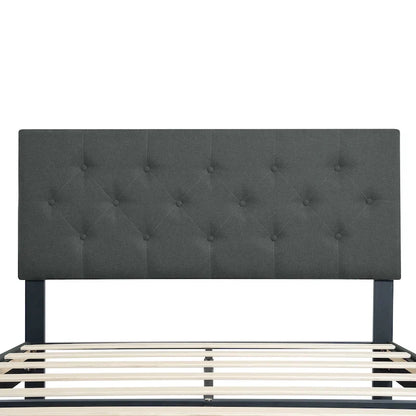 Dark Gray Twin Size Upholstered Bed Frame with Button Tufted Linen Headboard