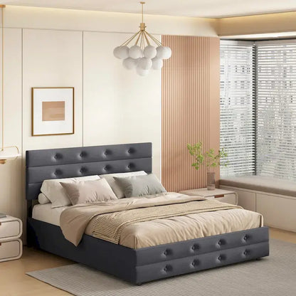 Queen Size Linen Button Tufted Platform Bed Frame with 2 Storage Drawers & Trundle