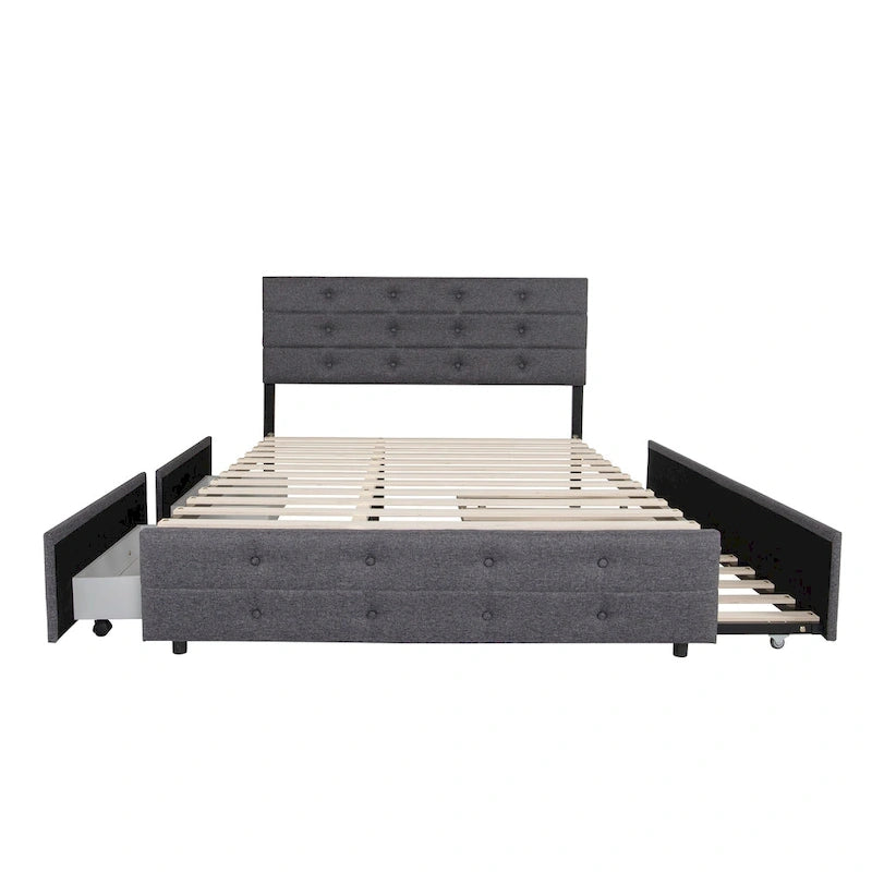 Queen Size Linen Button Tufted Platform Bed Frame with 2 Storage Drawers & Trundle