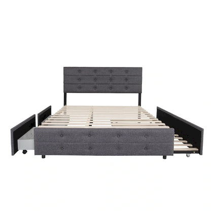 Queen Size Linen Button Tufted Platform Bed Frame with 2 Storage Drawers & Trundle